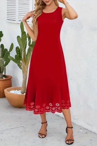 Mossta Laser Cut Floral Patterned Midi Dress with Hem - Red