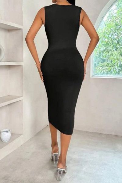 Mossta Sleeveless Double Breasted Neckline Diver Midi Dress - Black