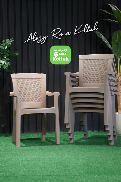 Alezy Roma Rattan Sırtlı Kollu Koltuk Balkon Bahçe Sandalyesi 6 Adet Krem Bej
