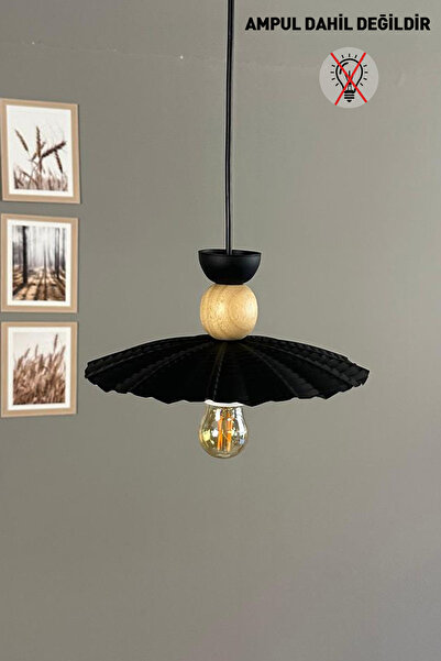 Bamyum Moriva Siyah Metal Avize Ahşap Şapka Başlık Tekli Rustik Cafe Modern S...