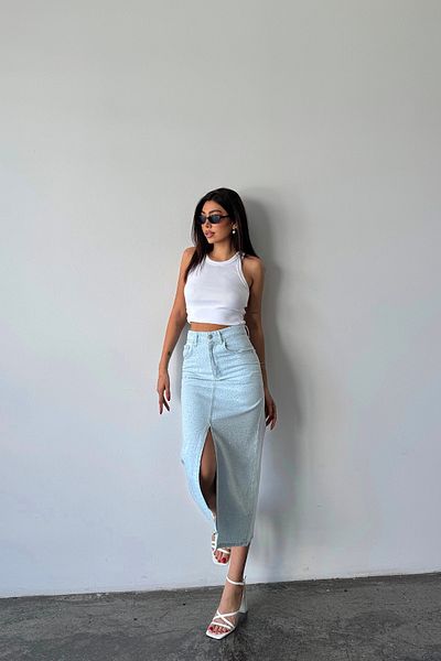 XRAY JEANS Fusta de denim lungă, strânsă, albastru gheață, cu fantă de piatră