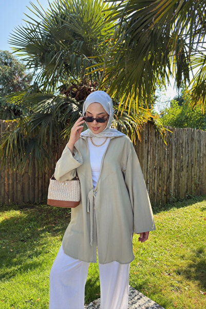 Yefrastore Women's Mildew Green Tie Detail Flam Linen Kimono