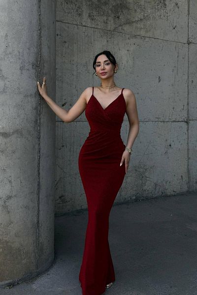 Mossta Double Breasted Collar Glitter Gathered Flowers Evening Dress - Burgundy