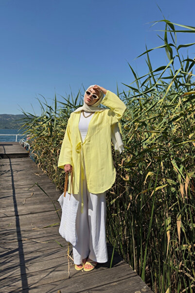 Yefrastore Women's Butter Yellow Binding Detailed Flam Linen Kimono