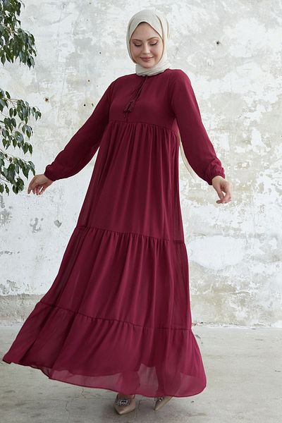 InStyle Yoryo Red Chiffon Dress with Lace-Up Collar