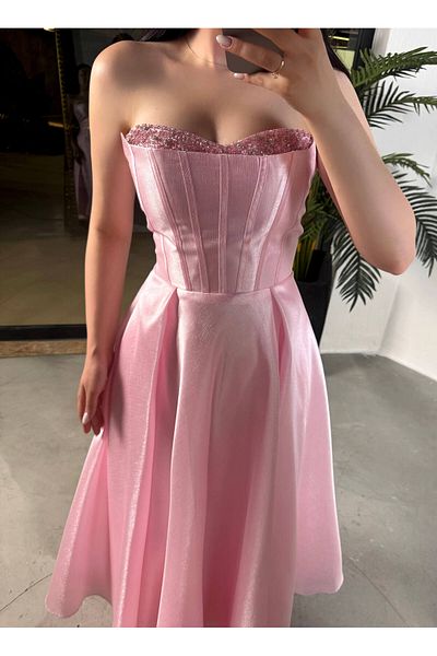 missswans Annet Decollete Beading Κεντημένο Στράπλες Κορσέ Μίντι Μήκος Πριγκίπισσα Βραδινό Φόρεμα Πούδρα Ροζ
