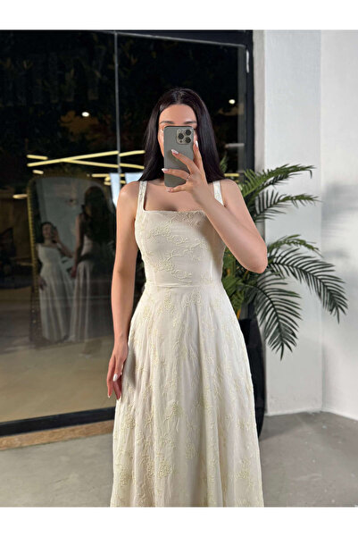 missswans Luvya Nakış İşlemeli Kare Yaka Kalon Askılı Midi Boy Cotton Elbise Krem