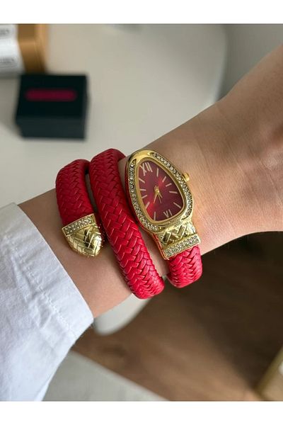 RoseandRoses Snake Coiled Leather Cord Red (Red Dial)