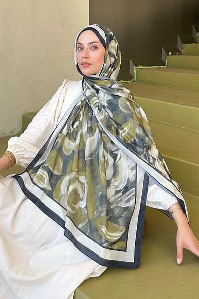 lamelif Flower Pattern Cotton Shawl Oil Green