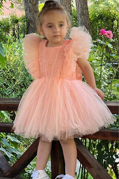 Riccotarz Girl's Shoulder Tulle Over-Length Glitter Sleeveless Salmon Evening Dress