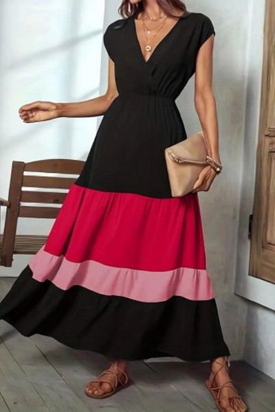Mossta Double Breasted Collar Elastic Waist Color Block Aerobin Dress - Black