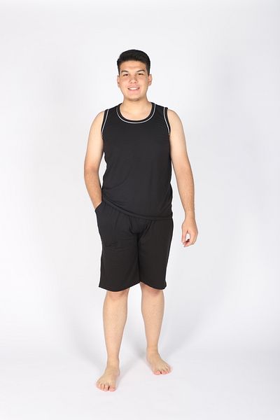 Lio20 Men's 100% Cotton Combed Cotton Sleeveless T-Shirt and Shorts Set – Summer-Sports-Home Comfort-Casual-Beach – Black