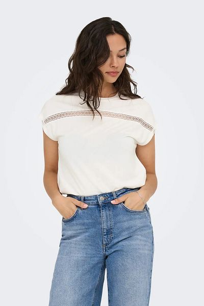 ONLY Women's Onlfree Lace Detailed Short Sleeve T-Shirt 15350108 Ecru