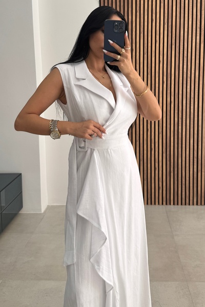 OKSOCOLLECTİON Beyaz Fırfırlı Vatkalı Elbise