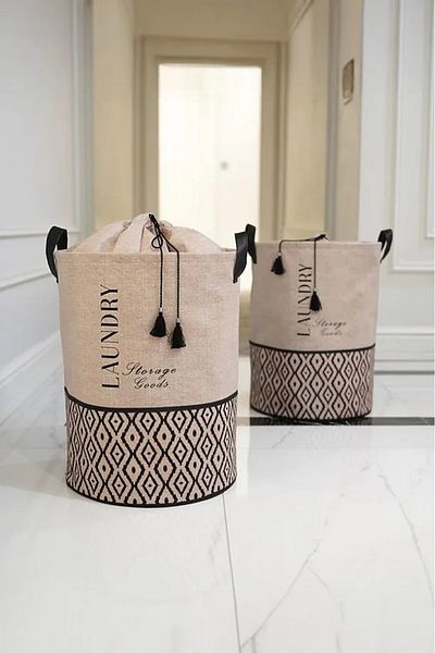 ALAS Beige Fabric Drawstring Folding Dirty Laundry Basket - Children's Toy Organizer Multi-Purpose 35X35X50Cm