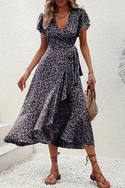 Mossta Ruffle Detailed Double Breasted Collar Patterned Single Jersey Dress - Black