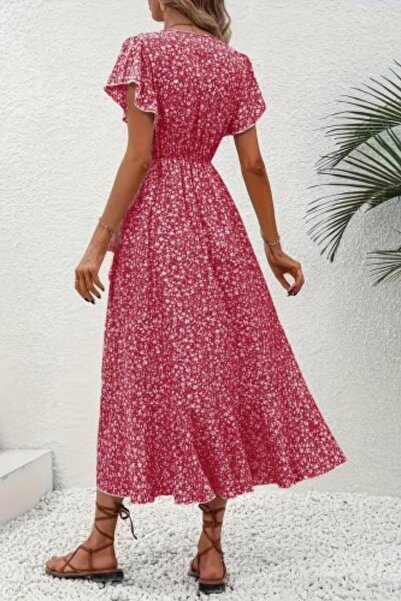 Mossta Φόρεμα μονόχρωμο με λεπτομέρεια με βολάν και διπλό λαιμόκοψη - Ροζ