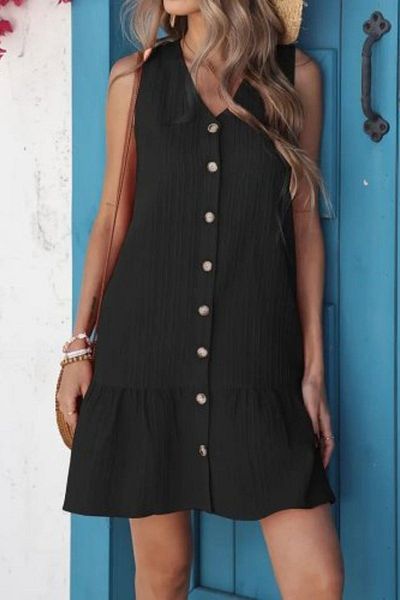 Mossta Button Detailed V-Neck Sleeveless Mini Dress - Black
