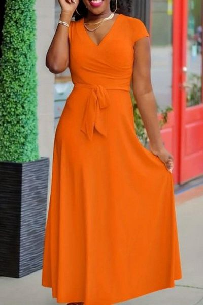 Mossta V-Neck Belted Short Sleeve Long Viscose Dress - Orange
