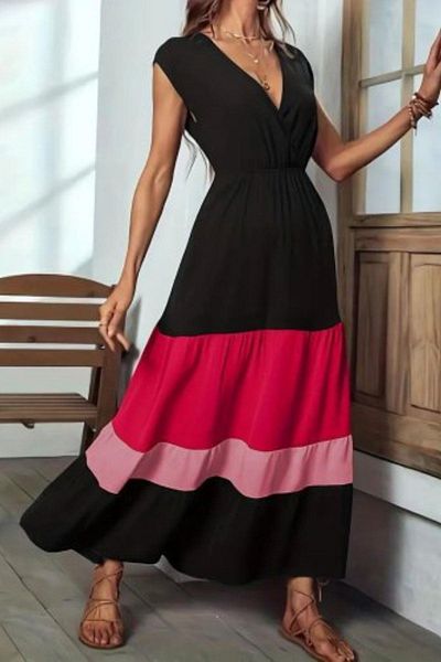 Mossta Double Breasted Collar Elastic Waist Color Block Aerobin Dress - Black