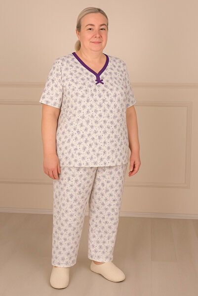 Niket Life Kadın Desenli Biye Yakalı Kısa Kol Altı Uzun Penye Anne Pijama Takım