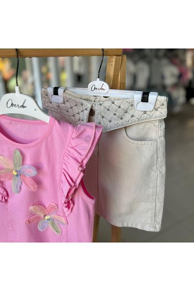 Overdo Girl's Cotton Floral Detailed T-Shirt Denim Skirt 2-Piece Bottom Top Set