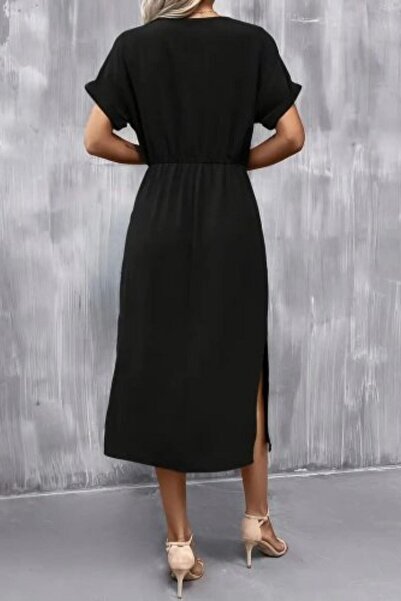 Mossta Kısa Kollu Belden Bağlamalı Yırtmaçlı Viskon Elbise - Siyah