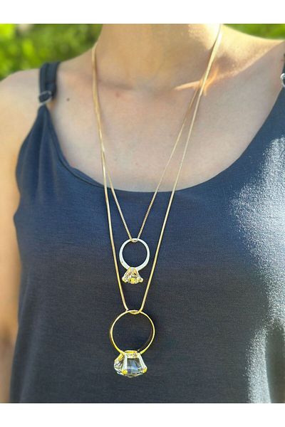 Gönülden Tasarım Golden Yellow Zircon Stone Ring Women's Necklace 27 cm
