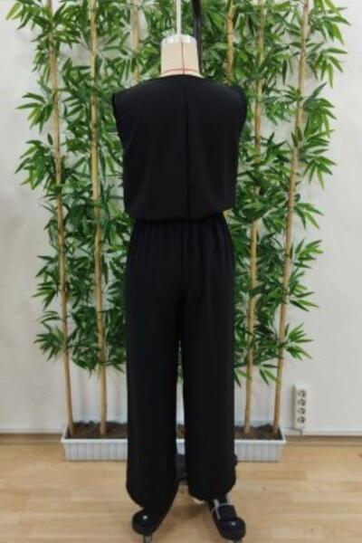 Mossta V-Neck Aerobin Blouse and Belted Trousers Double Set - Black