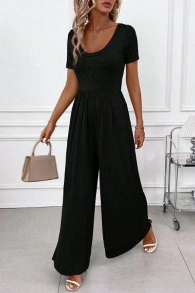Mossta Short Sleeve Round Neck Wide Leg Wrap Jumpsuit - Black