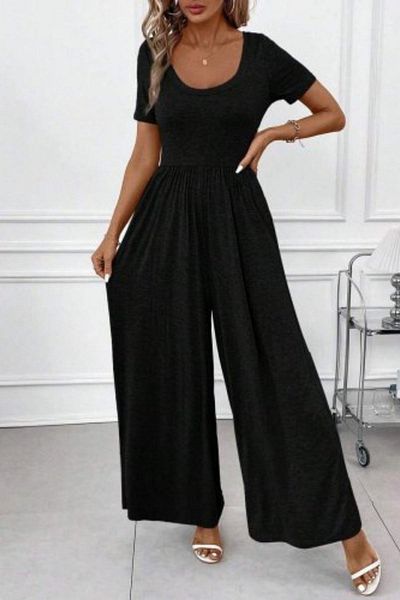 Mossta Short Sleeve Round Neck Wide Leg Wrap Jumpsuit - Black