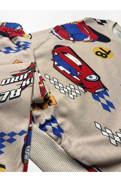 Pajama Shop Boy's Cotton Hooded Milk Brown Car Patterned Long Sleeve Winter Pajama Set