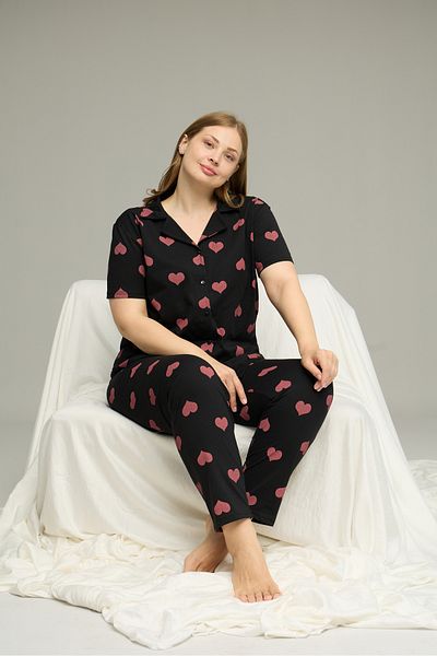 Siyah İnci Black Pink Heart Pattern Large Size Battal Short Sleeve Button Knitted Pajamas Suit 7615