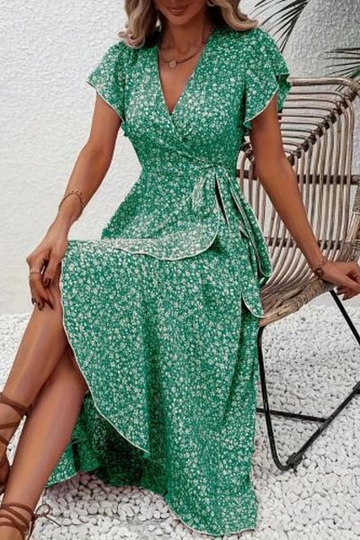 Mossta Ruffle Detailed Double Breasted Collar Patterned Single Jersey Dress - Green