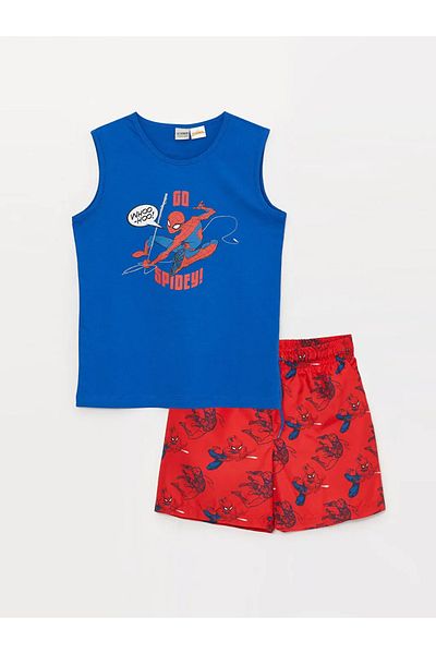 LC Waikiki Lcw Kids Blue Crew Neck Spider-Man Printed Boys Tank Top and Swim Shorts