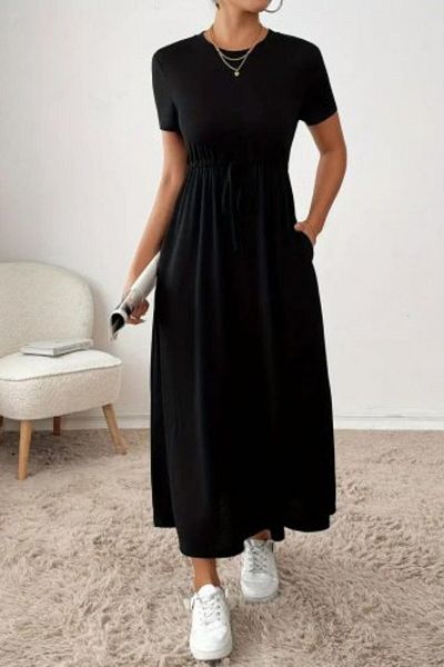 Mossta Crew Neck Gathered Waist Midi Dress with Pockets - Black