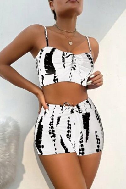 Mossta Thin Strap Gather Detail Crop Short Leggings Double Set - White