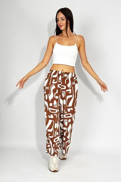 Betimoda Women's Woven Viscose Patterned Loose Cut Oversize Palazzo Trousers Brown