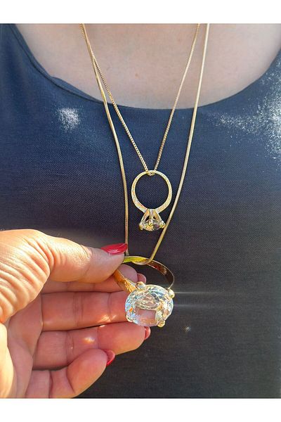 Gönülden Tasarım Golden Yellow Zircon Stone Ring Women's Necklace 27 cm