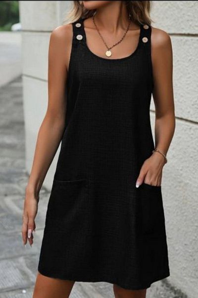 Mossta Linen Dress with Pockets and Button Detail and Shoulder Strap - Black