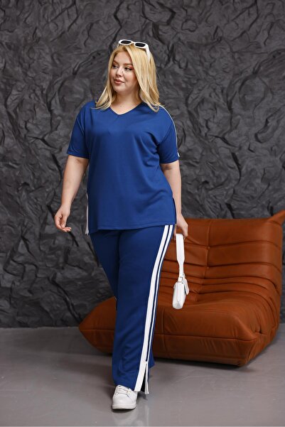 Siyezen Plus Size Stripe Detailed Modal Fabric Suit