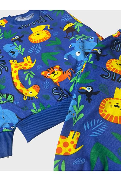 Pajama Shop Boys' Cotton Hooded Blue Color Safari Animals Patterned Long Sleeve Winter Pajama Set