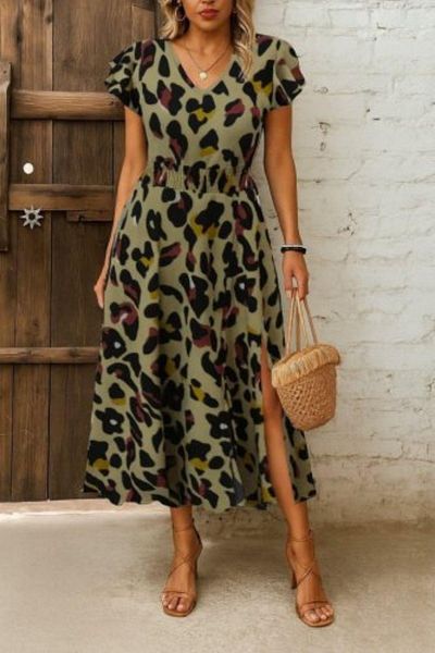 Mossta V-Neck Patterned Slit Single Jersey Dress - Leopard