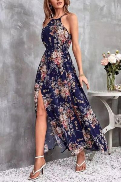 Mossta Halter Neckline Slit Detailed Floral Patterned Single Jersey Dress - Navy Blue