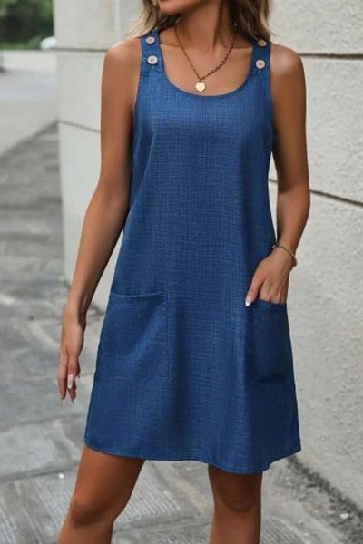 Mossta Linen Dress with Pockets and Button Detail and Shoulder Strap - Blue