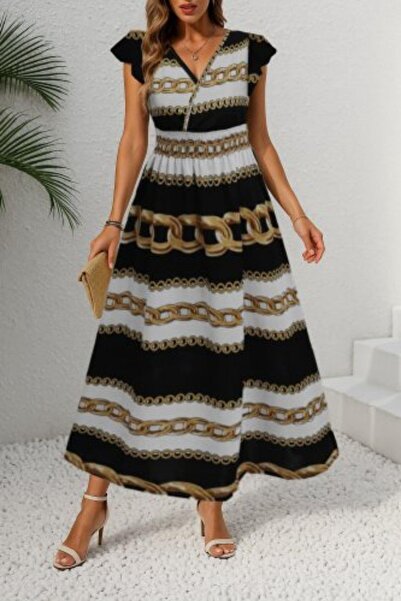 Mossta Πλεκτό φόρεμα από κρεπ με μοτίβο με διπλό λαιμόκοψη και μανίκια - αλυσίδα