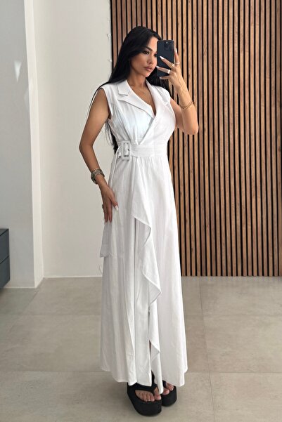 OKSOCOLLECTİON Beyaz Fırfırlı Vatkalı Elbise