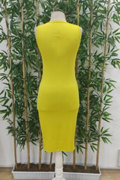 Mossta Zero Sleeve Crew Neck Midi Length Diving Dress - Yellow