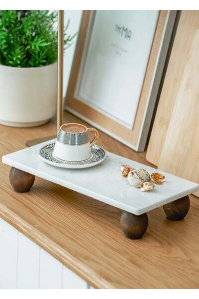 toprakhome Dikdörtgen Ahşap Ayaklı Mermer Sunumluk Çok Amaçlı Dekoratif Pasta...
