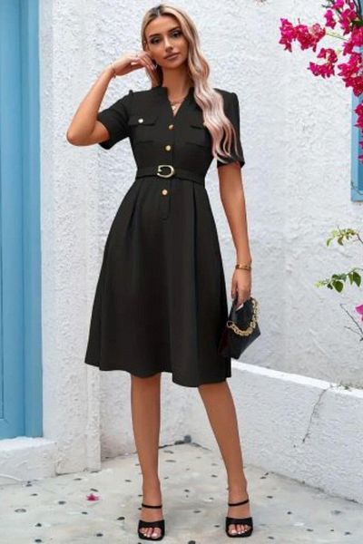Mossta Short Sleeve Buttoned Belt Detailed Atlas Dress - Black